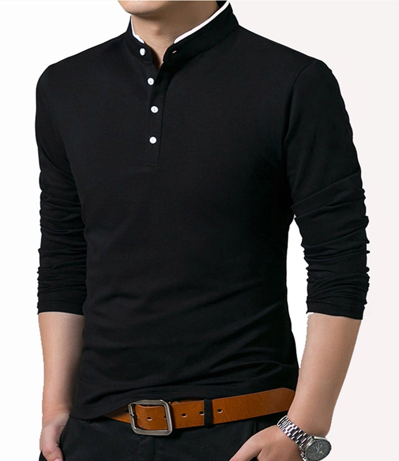 KUYIGO Men's Casual Slim Fit Shirts Long Sleeve Polo Shirt Mandarin Collared T-Shirts Black Small - Image 3